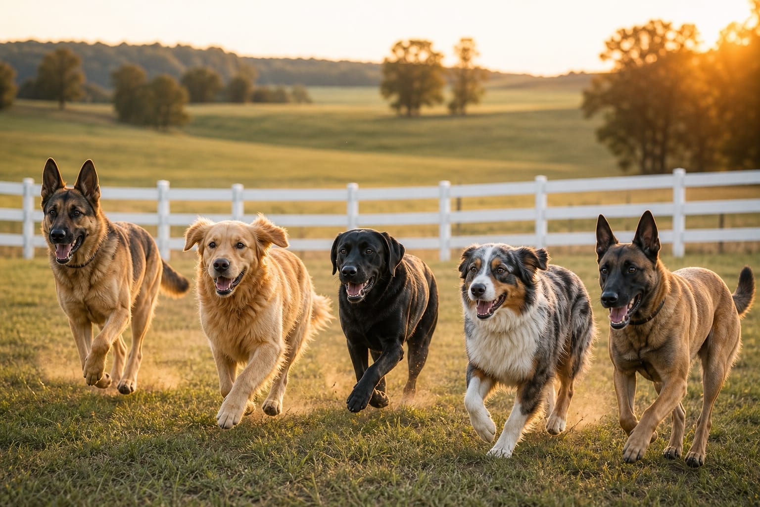Multiple dogs mid-stride on the Deer Creek pasture