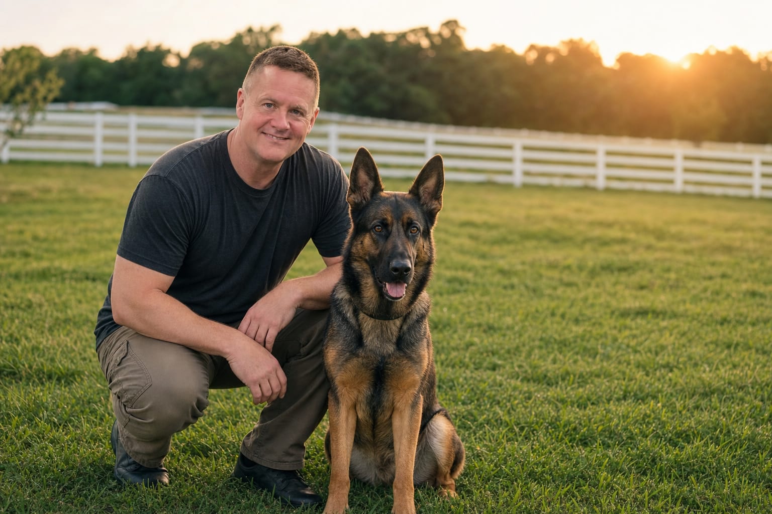 Certified Deer Creek trainer working a focused German Shepherd on a flat collar