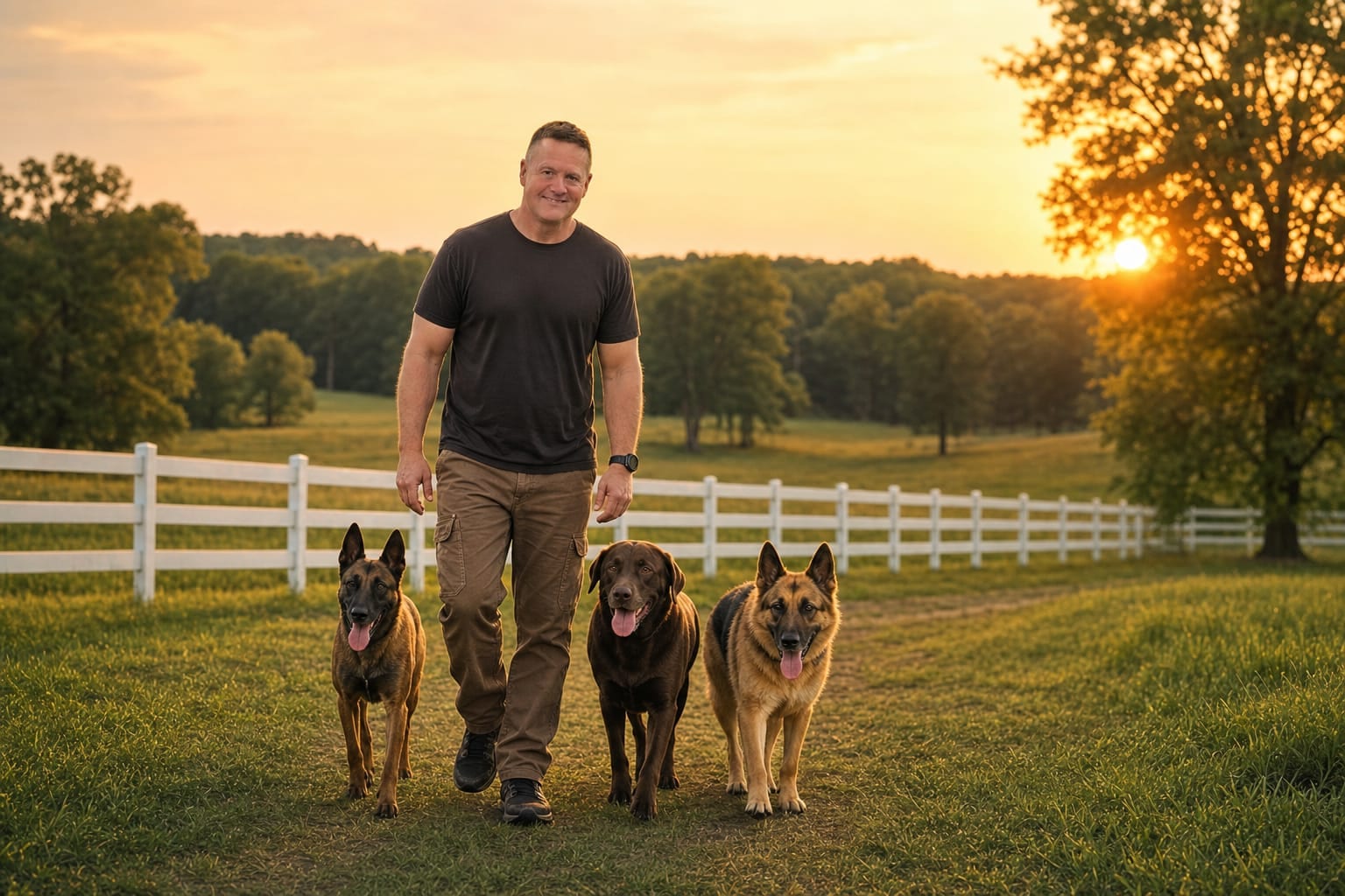 Owner Matt walking the family dogs at heel on the Deer Creek property
