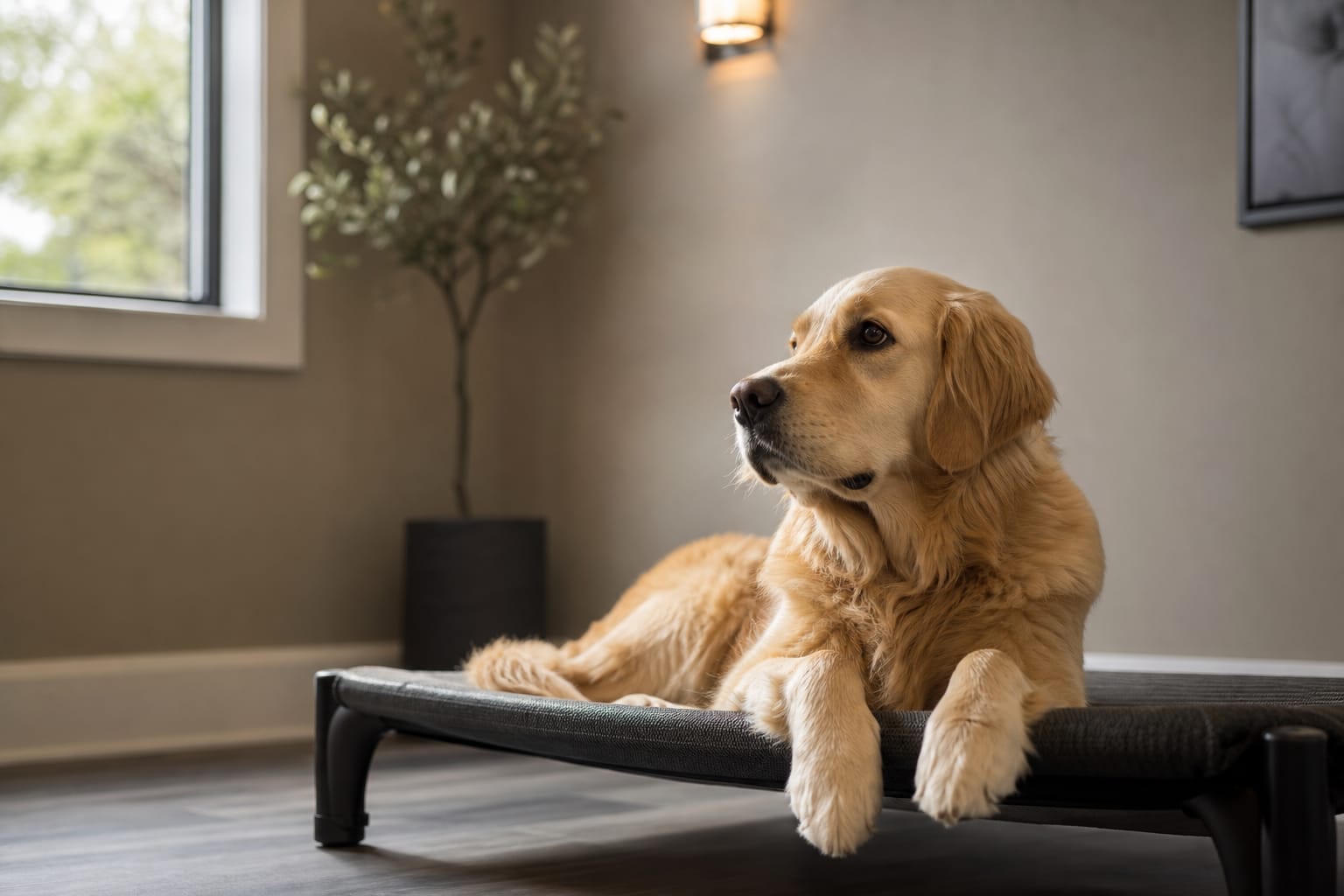 Golden retriever resting on an elevated bed in a Deer Creek climate-controlled boarding suite