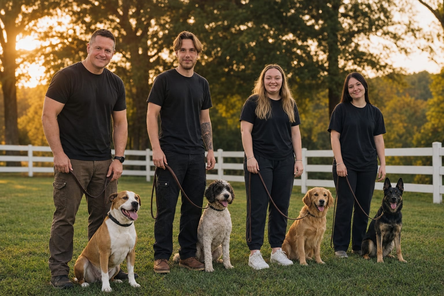 Trainers working a small group of dogs at the Deer Creek facility