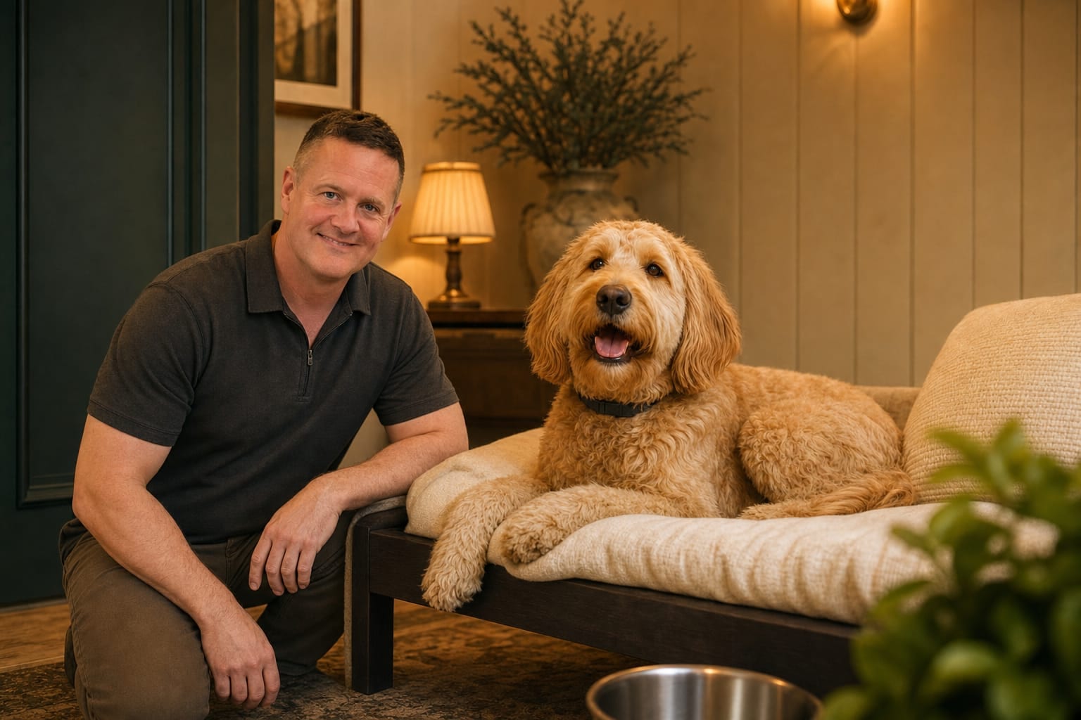 Dog resting in private suite at Deer Creek Canine boarding